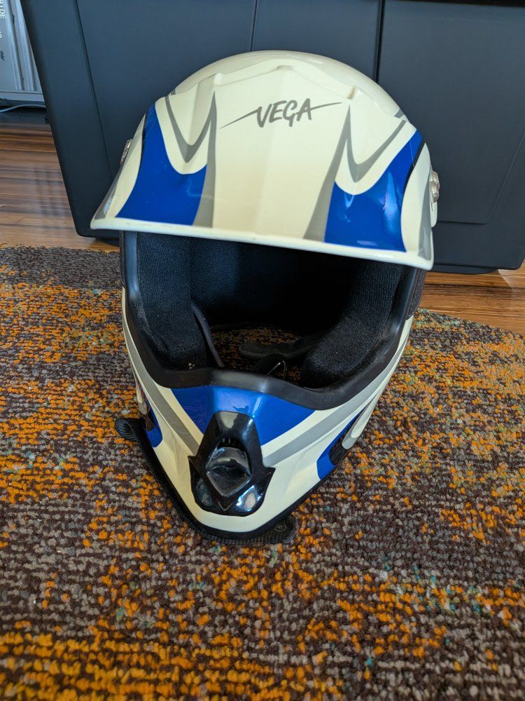 Vega Adult Dirt Bike Helmet - White, Blue, & Gray Motocross/ATV Helmet, Size Small