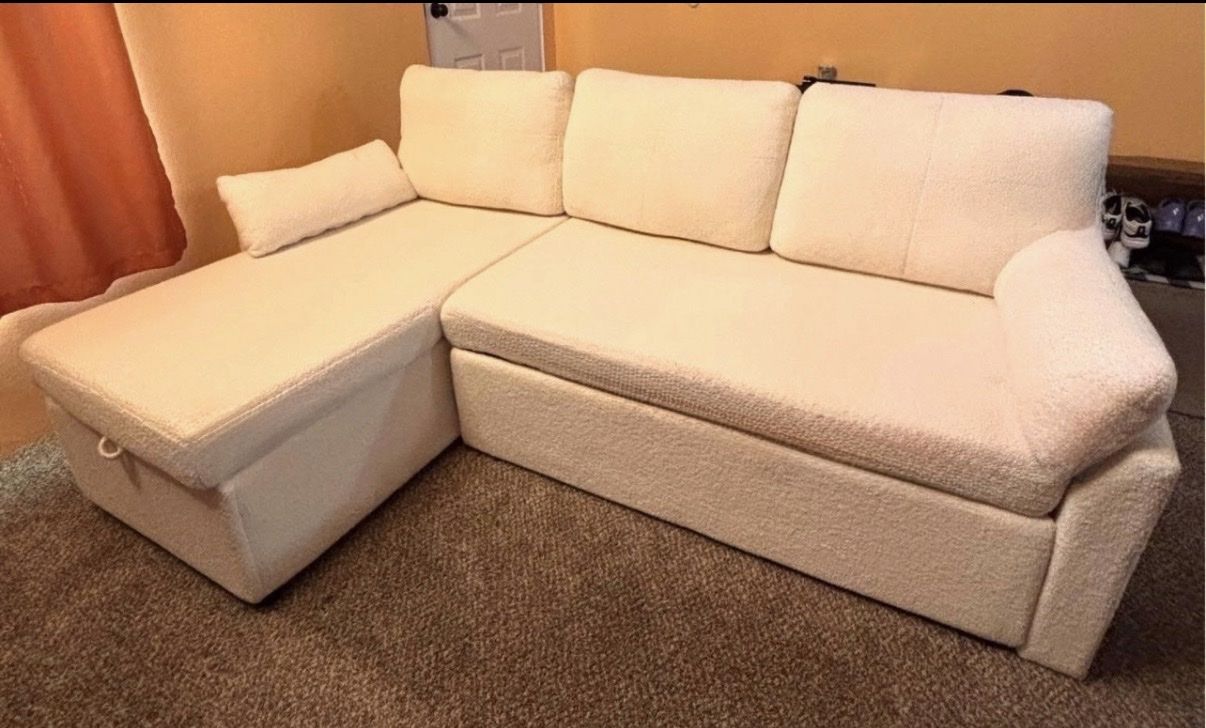 Convertible Sectional Sofa Couch with Storage Chaise - Cream Boucle Fabric, Pull-Out Sleeper Bed