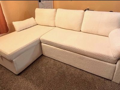 Convertible Sectional Sofa Couch with Storage Chaise - Cream Boucle Fabric, Pull-Out Sleeper Bed