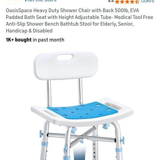 OasisSpace Heavy Duty 500lb Shower Chair with Back, EVA Padded, Height Adjustable, Anti-Slip