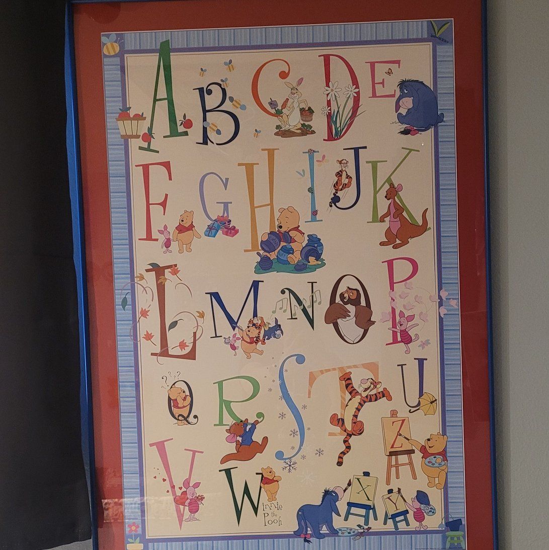 Winnie the Pooh poster and stuffed animals