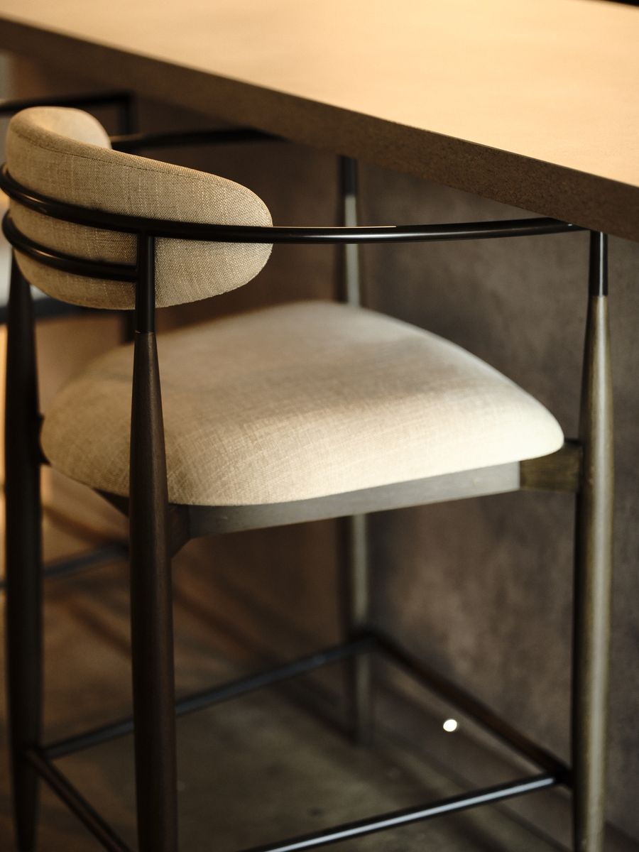 Pair of Arhaus Jagger Counter Stools - Mahogany Wood Frame & Carry Linen Upholstery