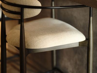 Pair of Arhaus Jagger Counter Stools - Mahogany Wood Frame & Carry Linen Upholstery