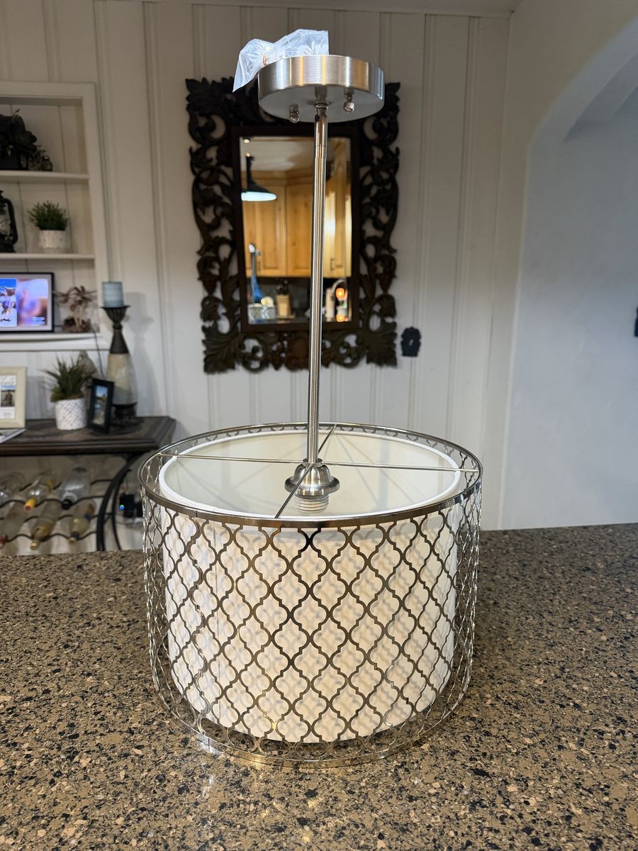 NEW BRUSUED NICKEL WHITE BARREL CHANDELIER LIGHT (2 AVAILABLE)