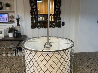 NEW BRUSUED NICKEL WHITE BARREL CHANDELIER LIGHT (2 AVAILABLE)