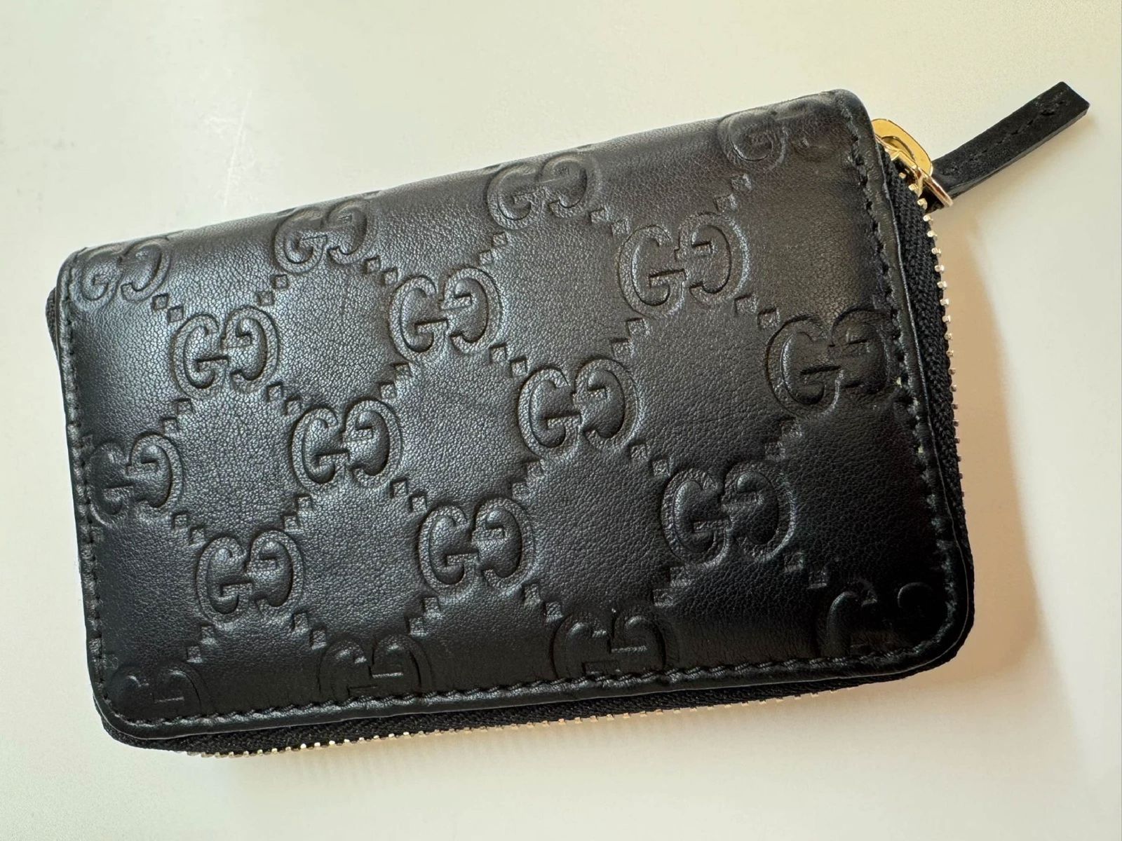 Gucci 255452 Black Guccissima Leather Zip Coin Card Case Wallet w Receipt