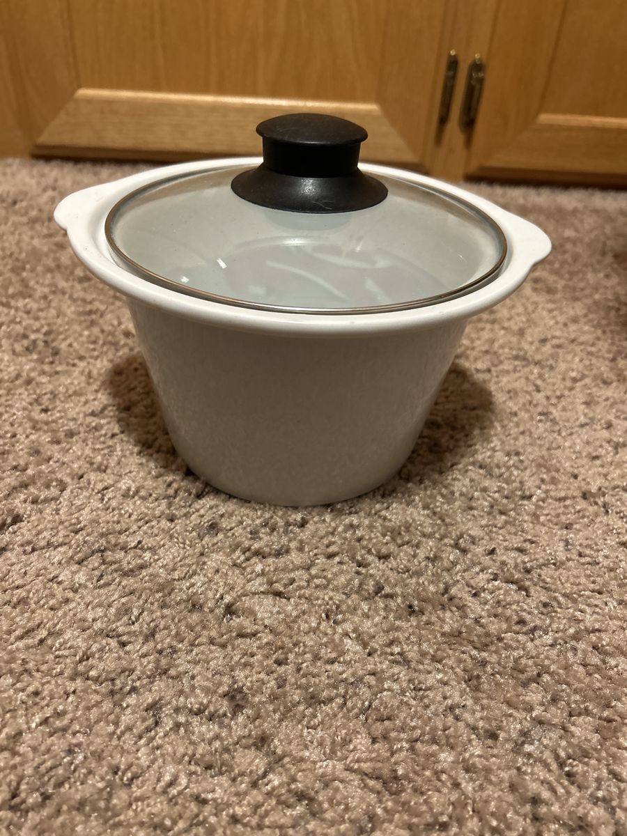 Small White Ceramic Pot with Glass Lid and Black Knob