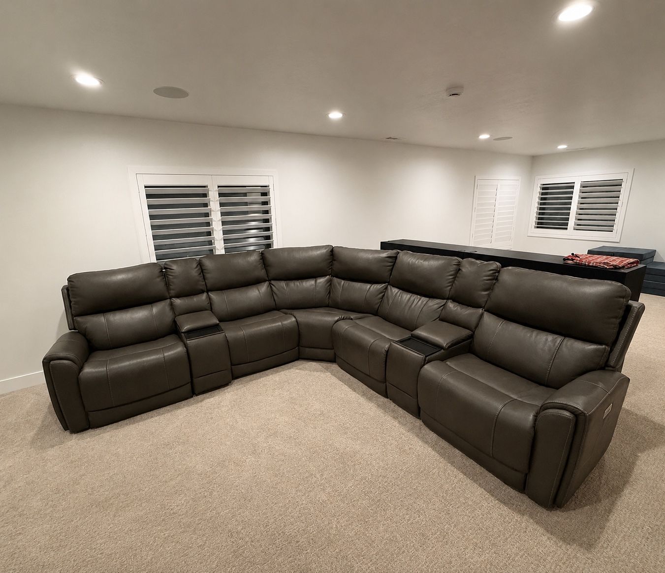 Used Leather Sectional Sofa - Reclining with Cupholders, Dark Gray, phone charger