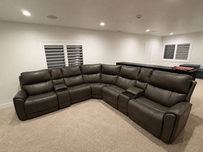Used Leather Sectional Sofa - Reclining with Cupholders, Dark Gray, phone charger