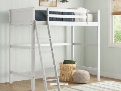 Twin Loft Bed White Wood Frame with Ladder