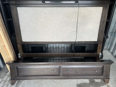 Dark Wood Queen Size Bed Frame with Upholstered Headboard & Storage Drawers