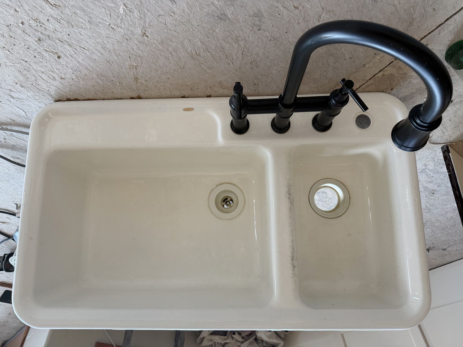38" Kohler Enameled Cast Iron Double-Basin Sink + Matte Black Faucet