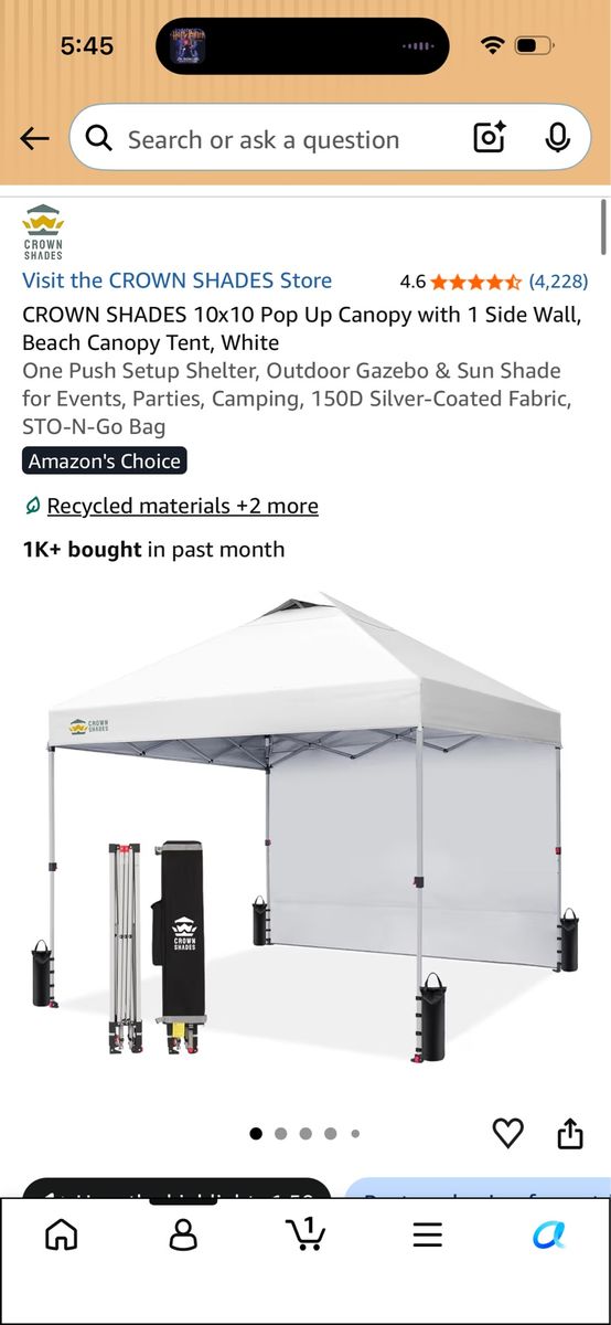 CROWN SHADES 10x10 Pop Up Canopy Tent with 1 Side Wall - White