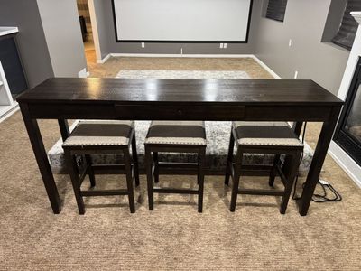 Dark Wood Counter Height Table & 3 Upholstered Bar Stools