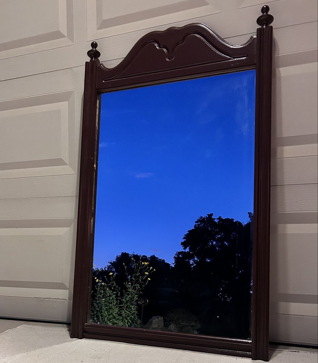 Vintage Wooden Wall Mirror with Decorative Arched Crown and Finials