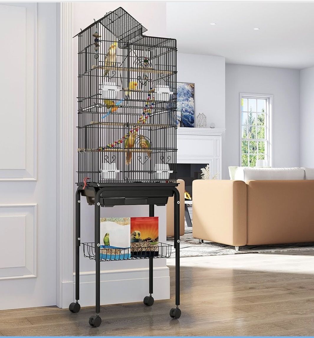 Large Black Rolling Bird Cage with Stand, Feeders, and Perches - 62.2" Tall - New!