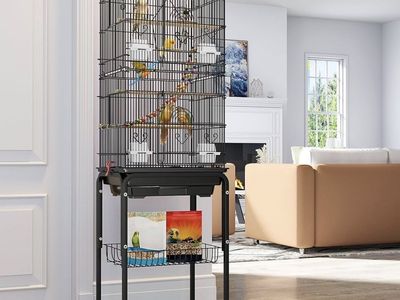 Large Black Rolling Bird Cage with Stand, Feeders, and Perches - 62.2" Tall - New!