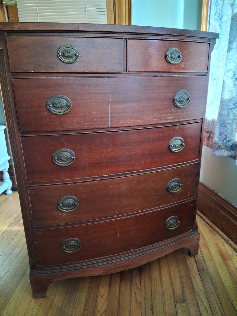 Vintage Solid Wood 5-Drawer Bow Front Dresser with Brass Hardware - Dark Cherry Finish