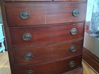 Vintage Solid Wood 5-Drawer Bow Front Dresser with Brass Hardware - Dark Cherry Finish