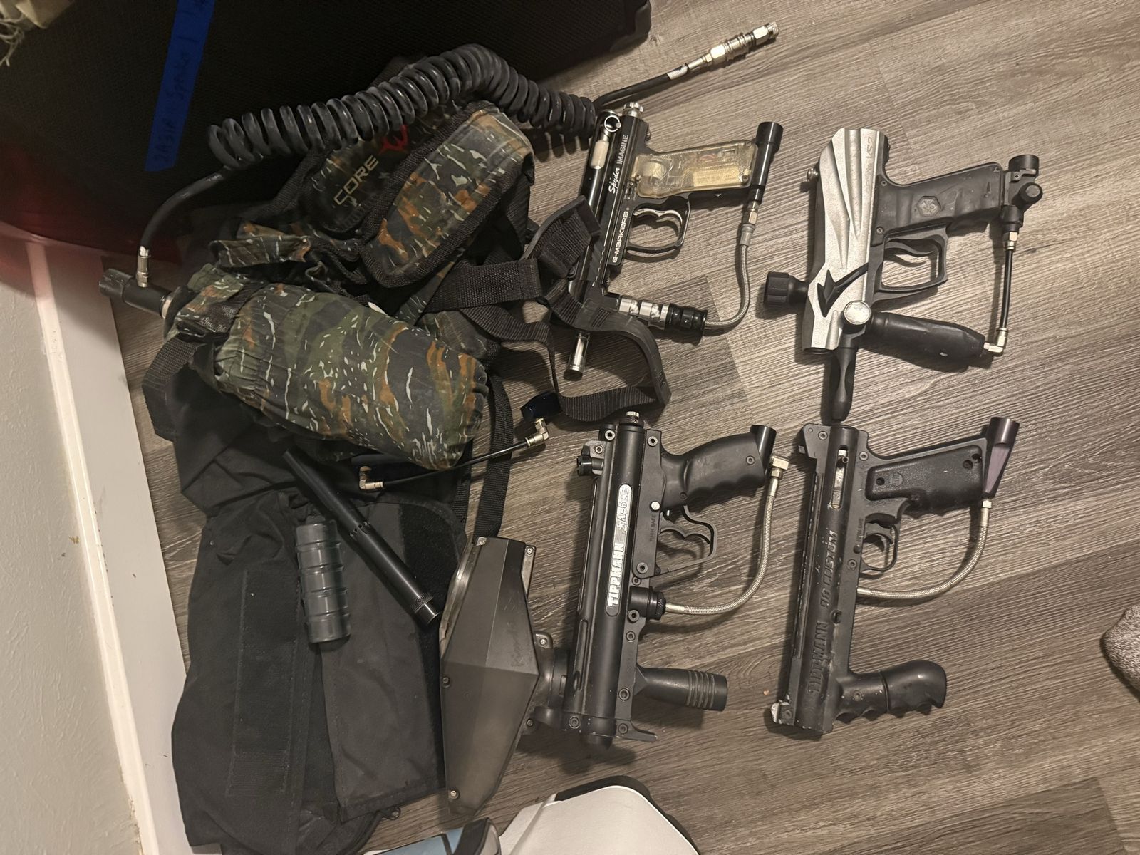 Used Paintball Gear Lot: Tippmann A-5 & 98 Custom, Spyder Imagine, CORE Vest & Tank, Hoppers