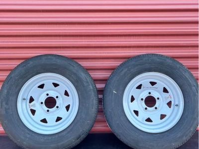 New Set of 2 Rainier ST 205/75 R 14 Trailer Tires Mounted on New Wheels Heavy Duty 8 Ply D Load 5 on 4.5 Lug Brand New