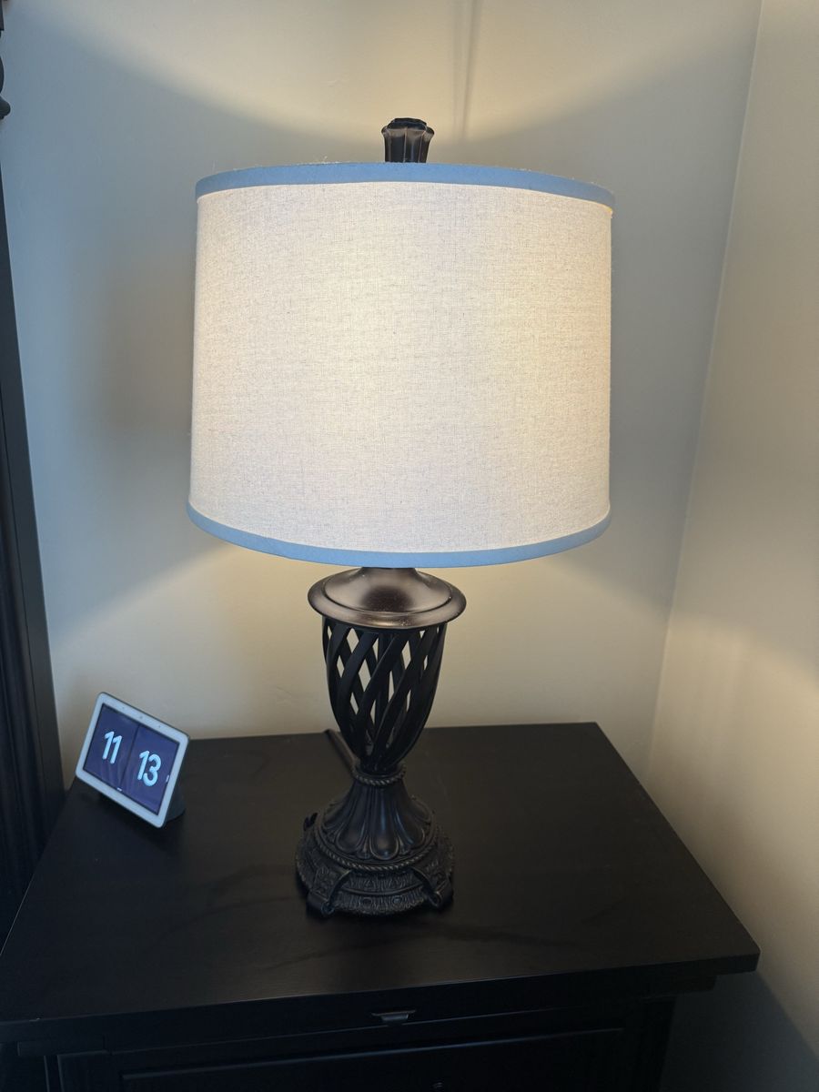 Ornate Bronze Table Lamp with Linen Shade & Trim - Traditional Style