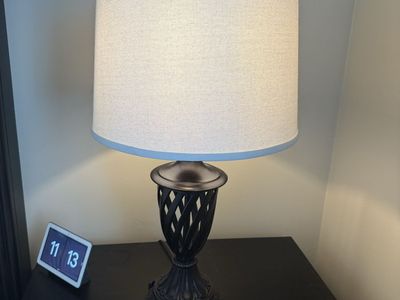 Ornate Bronze Table Lamp with Linen Shade & Trim - Traditional Style