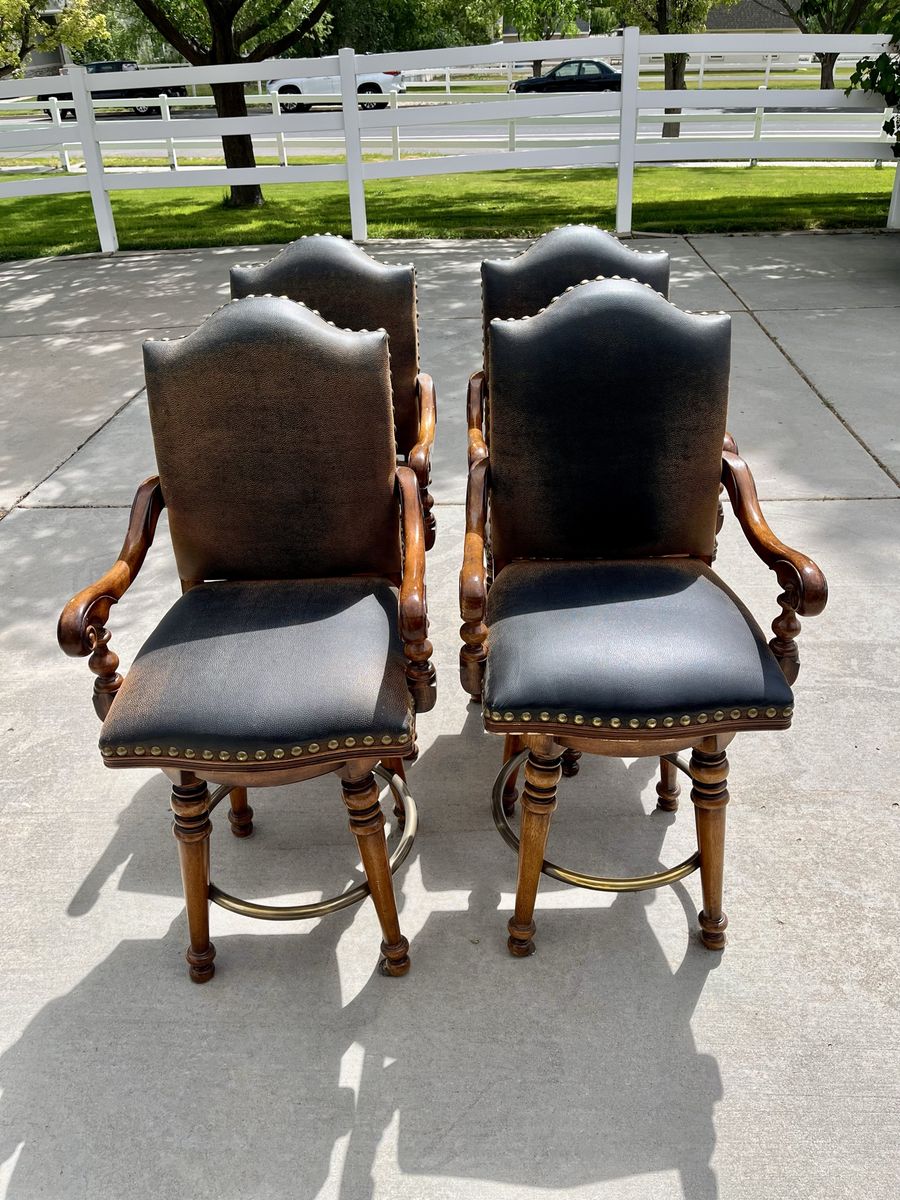 Set of 4 Vintage Leather & Wood Swivel Bar Stools with Armrests and Brass Footrests