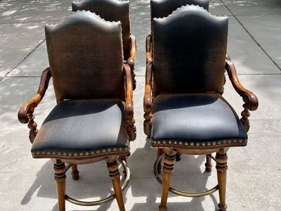 Set of 4 Vintage Leather & Wood Swivel Bar Stools with Armrests and Brass Footrests