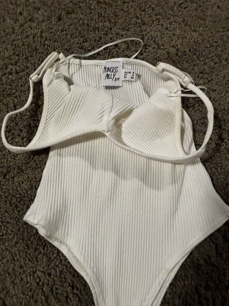 Princess Polly White Ribbed V-Neck Thong Bodysuit, US 2 - Stretchy Blend