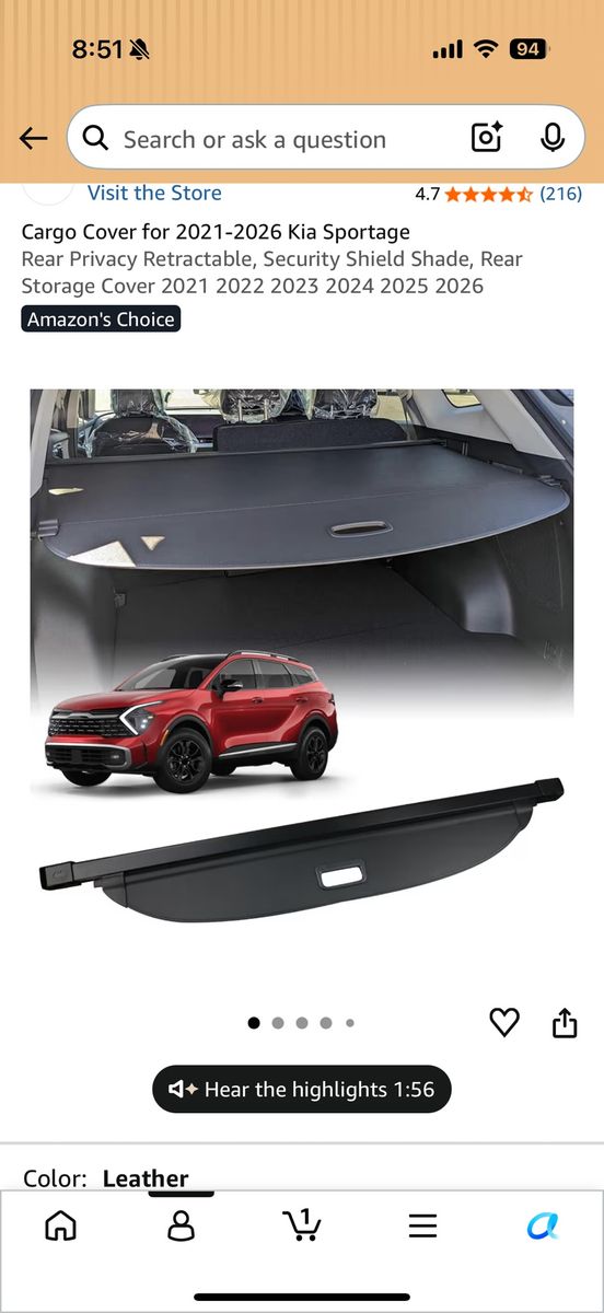 Kia Sportage leather cargo cover
