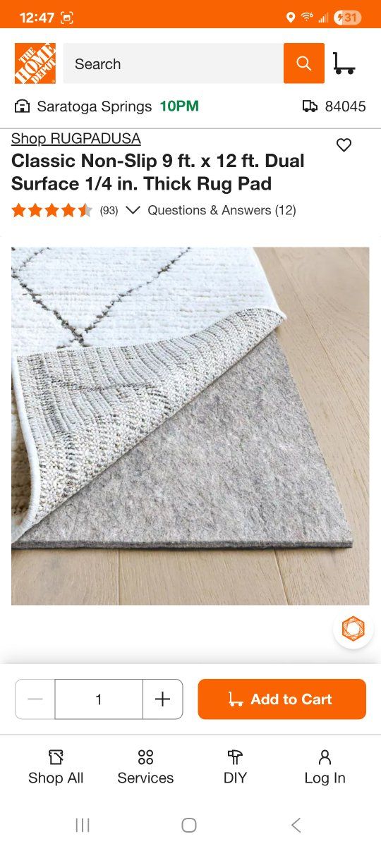Non-Slip 9 ft. x 12 ft. 1/4" thick Dual Surface Rug Pad