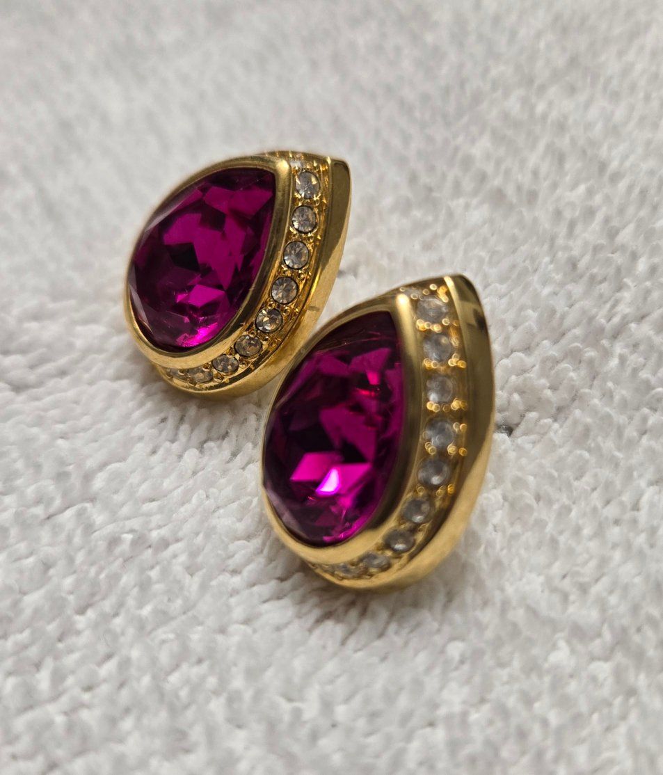 Vintage Swarovski Gold Plated Teardrop Earrings with Fuchsia Crystal and Clear Pave Accents