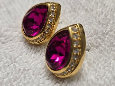 Vintage Swarovski Gold Plated Teardrop Earrings with Fuchsia Crystal and Clear Pave Accents