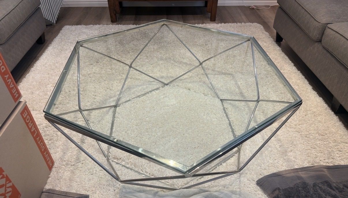 Modern Hexagon Glass & Metal Coffee Table - Geometric Design
