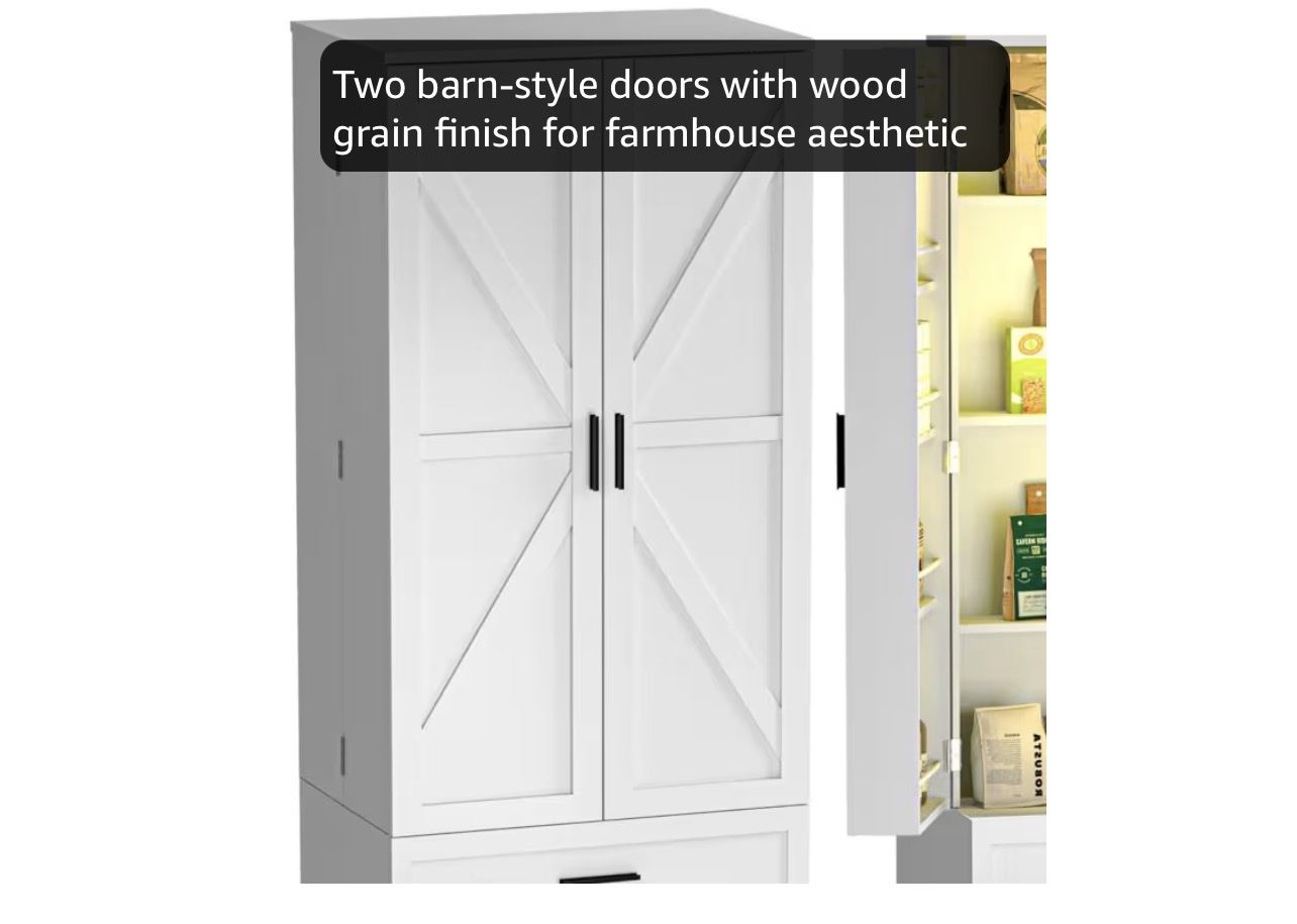 Farmhouse Barn Door Pantry Cabinet - White, 72"H x 24"W x 14"D, with 3 Drawers & Adjustable Shelves