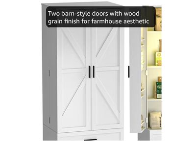 Farmhouse Barn Door Pantry Cabinet - White, 72"H x 24"W x 14"D, with 3 Drawers & Adjustable Shelves
