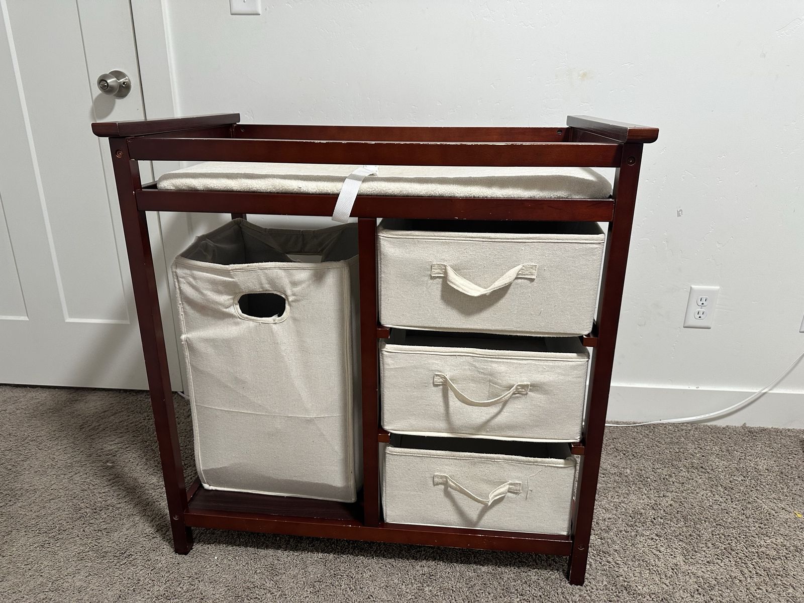 Dark Wood Changing Table with Hamper and 3 Storage Bins