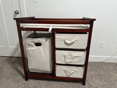 Dark Wood Changing Table with Hamper and 3 Storage Bins