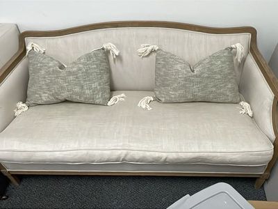 Vintage Style Wood Trim Loveseat with Light Upholstery