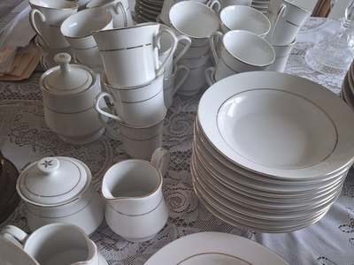 Farberware China Simplicity Gold with Gold Trim. Service for 8.