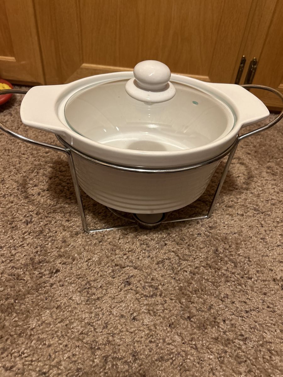 White Ceramic Dipping Bowl with Warmer Stand and Glass Lid - Fondue/Chafing Dish
