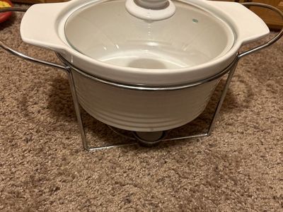 White Ceramic Dipping Bowl with Warmer Stand and Glass Lid - Fondue/Chafing Dish