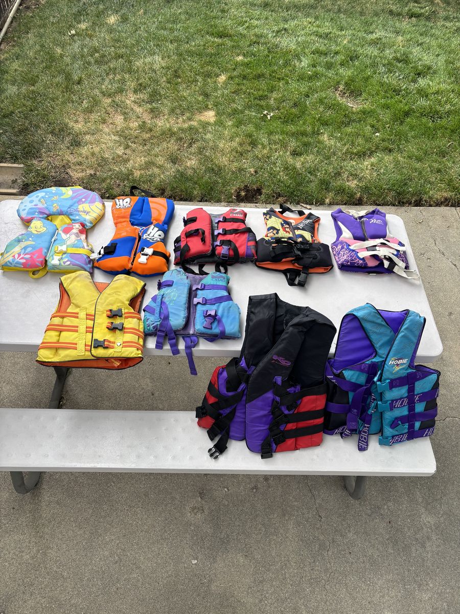 Life Jackets various, wet suits for kids, and gloves for kids