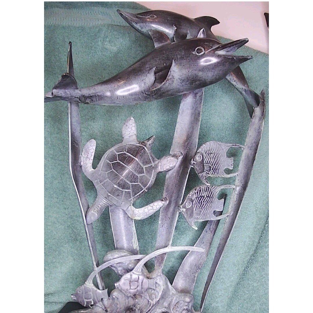 VTG Sea Life Bronze Metal Sculpture Turtle Dolphin