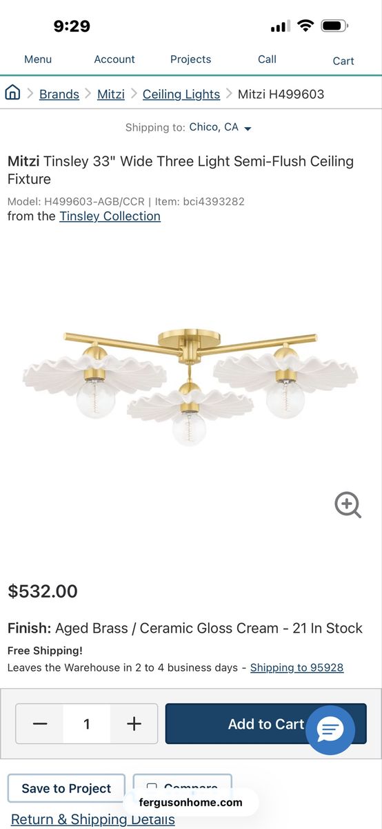 Mitzi H499603 Tinsley 33" Wide 3-Light Semi-Flush Ceiling Fixture, Aged Brass/Ceramic Cream