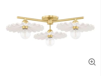 Mitzi H499603 Tinsley 33" Wide 3-Light Semi-Flush Ceiling Fixture, Aged Brass/Ceramic Cream