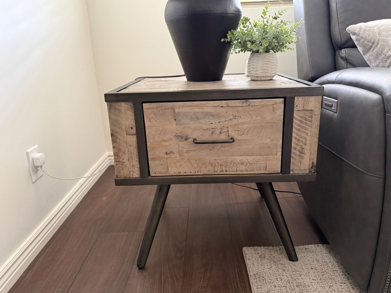 Industrial Farmhouse Wood & Metal End Table Nightstand with Drawer