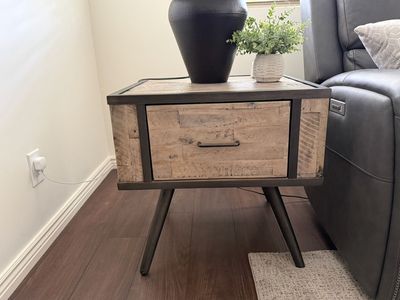 Industrial Farmhouse Wood & Metal End Table Nightstand with Drawer