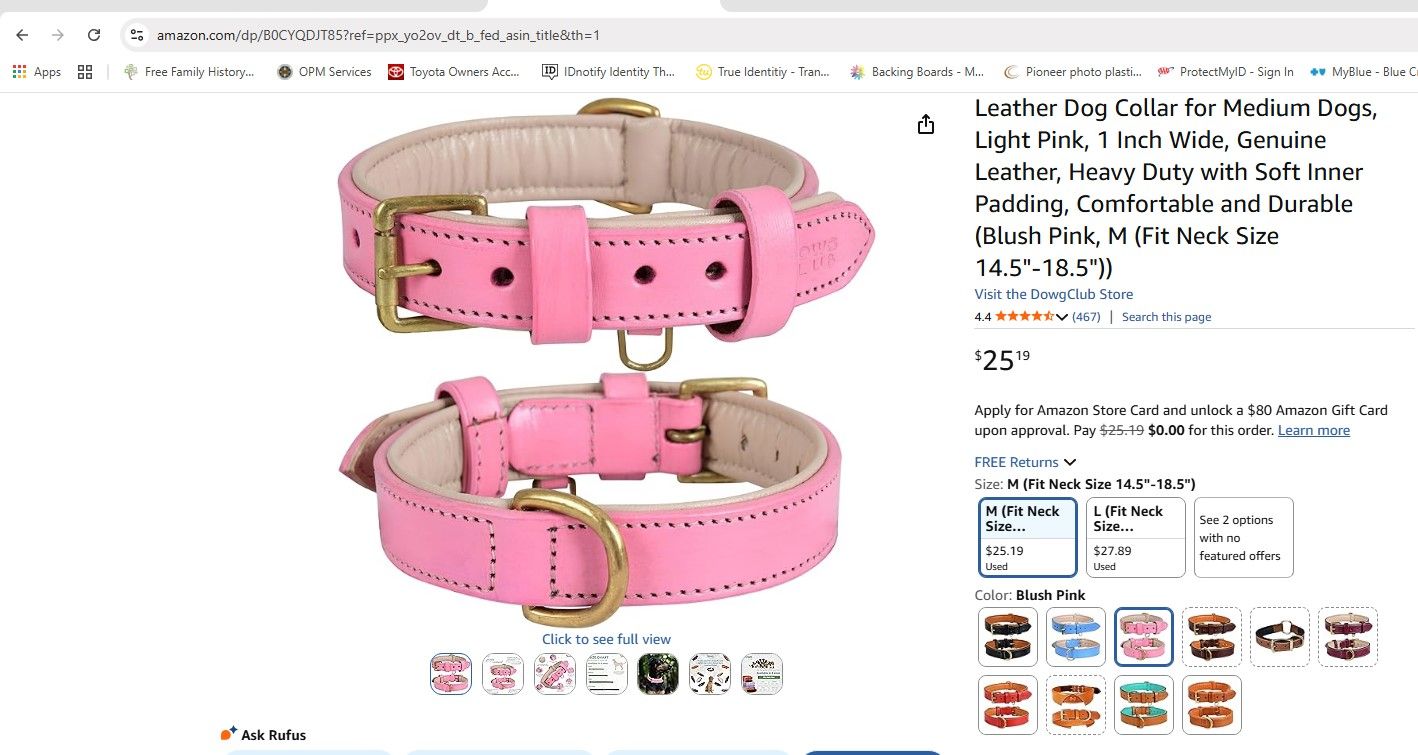 Leather dog collar for medium dogs, light pink